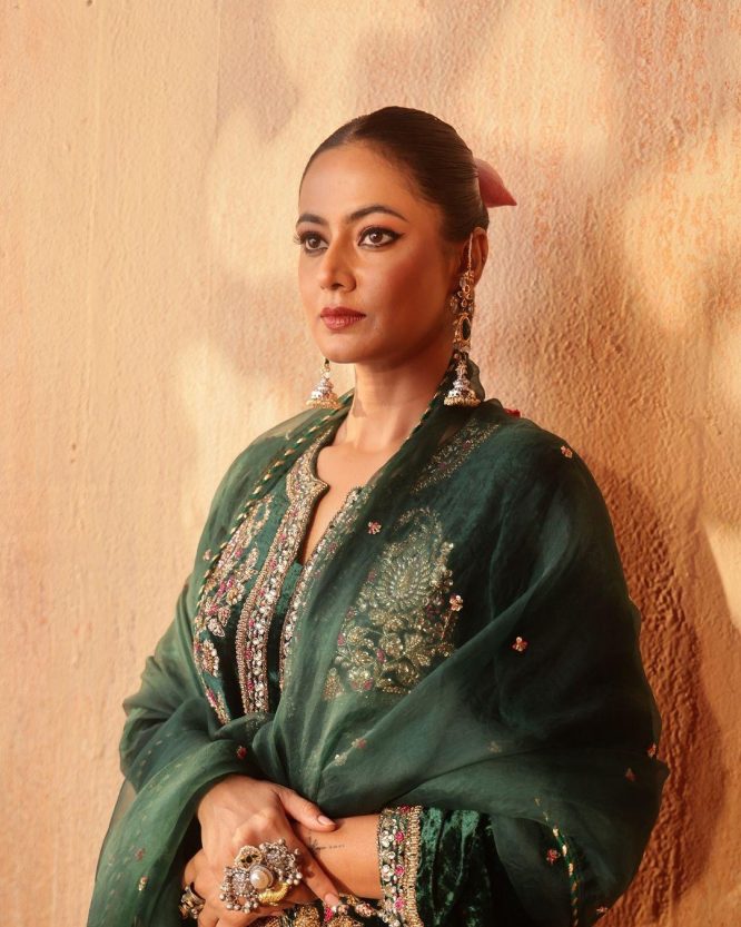 Elegant Green Velvet Embroidered Festive Ensemble