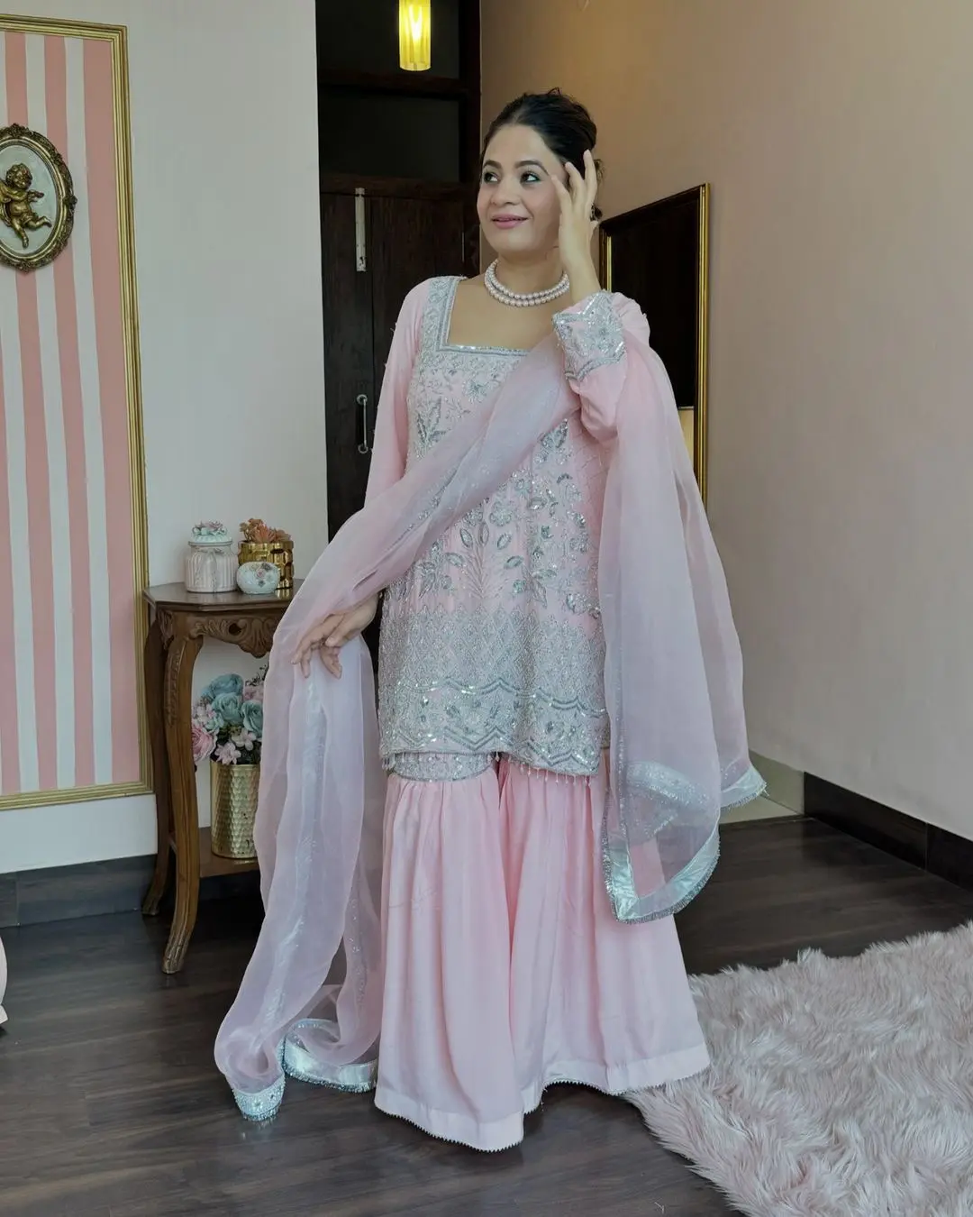 Blush Pink Pearl Embellished Sharara Set