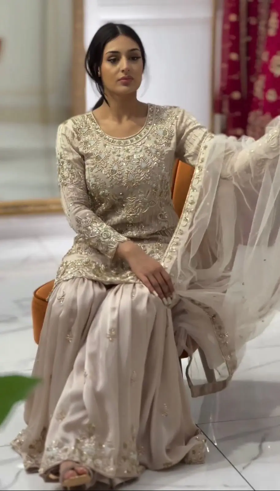 Elegant Gold Embroidered Sharara Set with Intricate Detailing