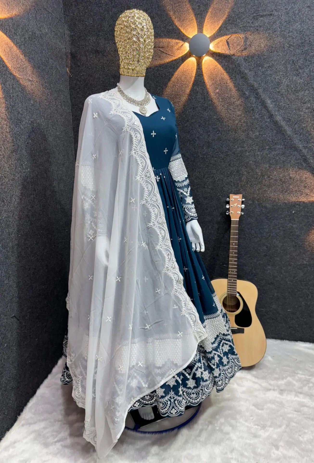 Navy Blue Embroidered Anarkali with White Dupatta