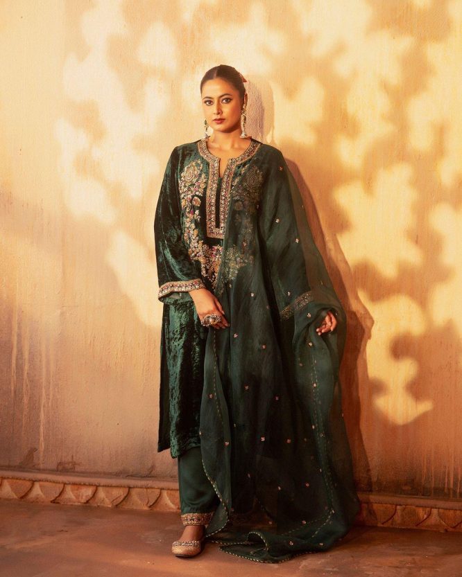 Elegant Green Velvet Embroidered Festive Ensemble