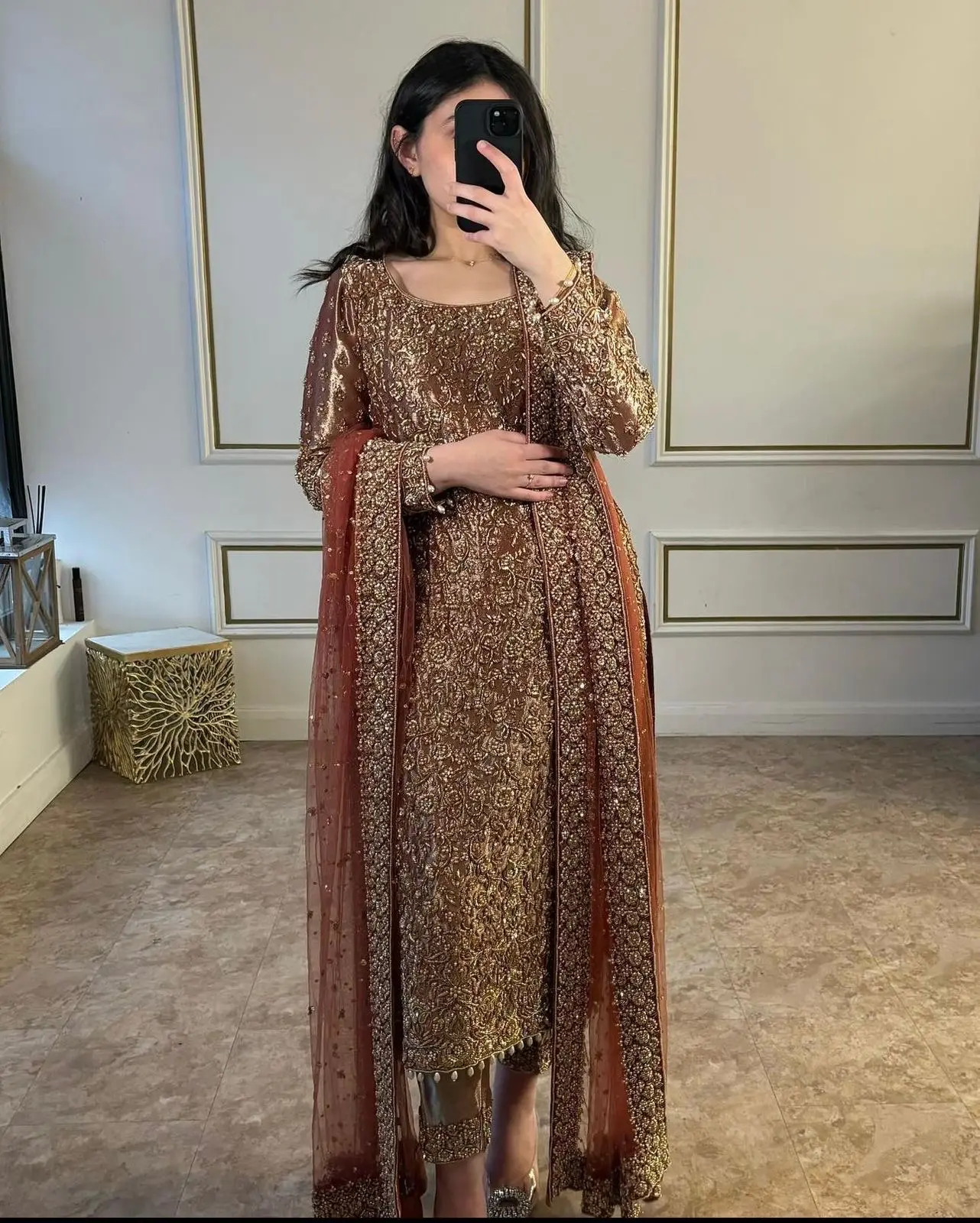 Regal Gold Embroidered Kurta Palazzo Set with Dupatta