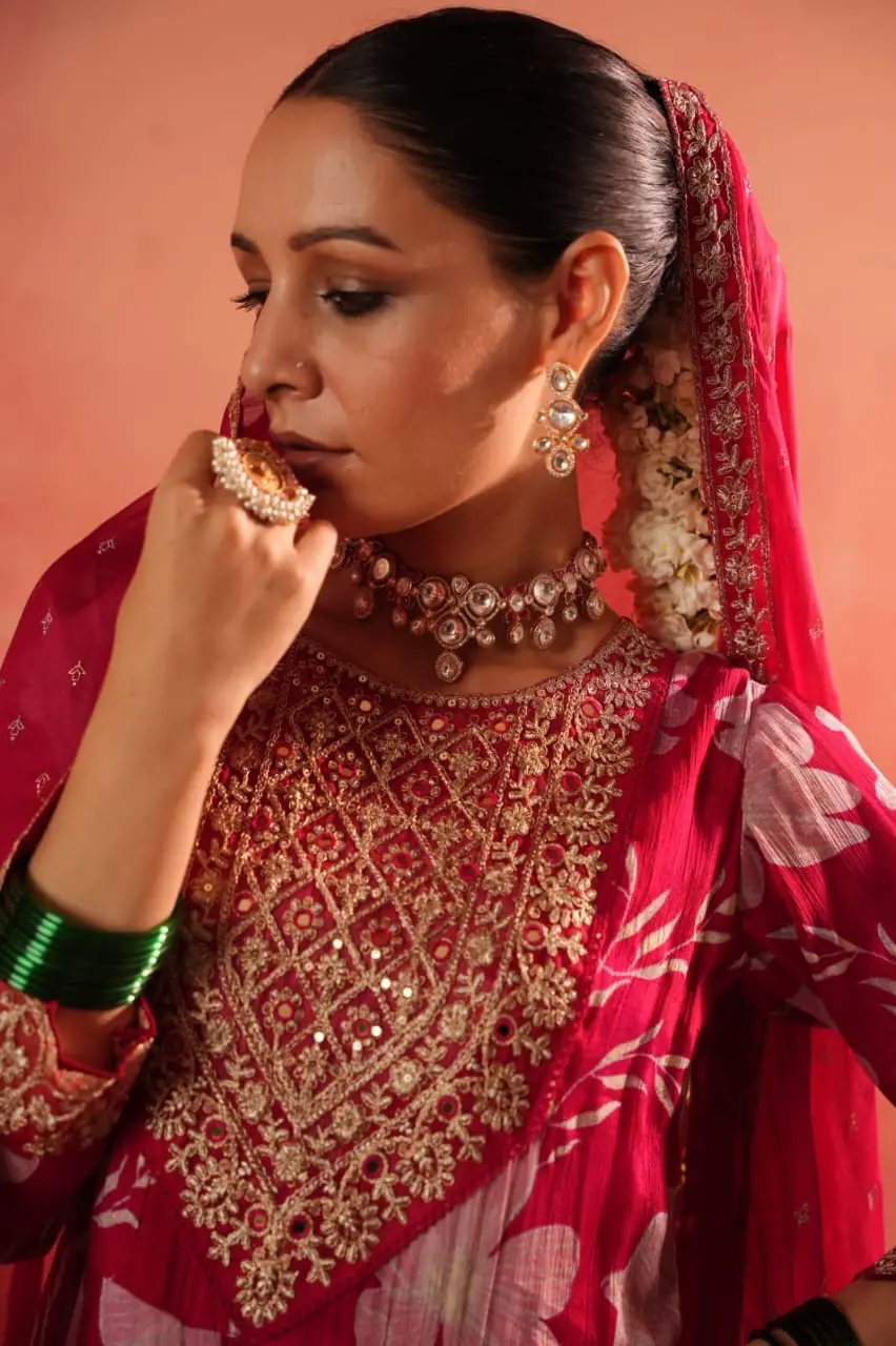 Premium Chinnon Floral Anarkali Suit Set With Dupatta