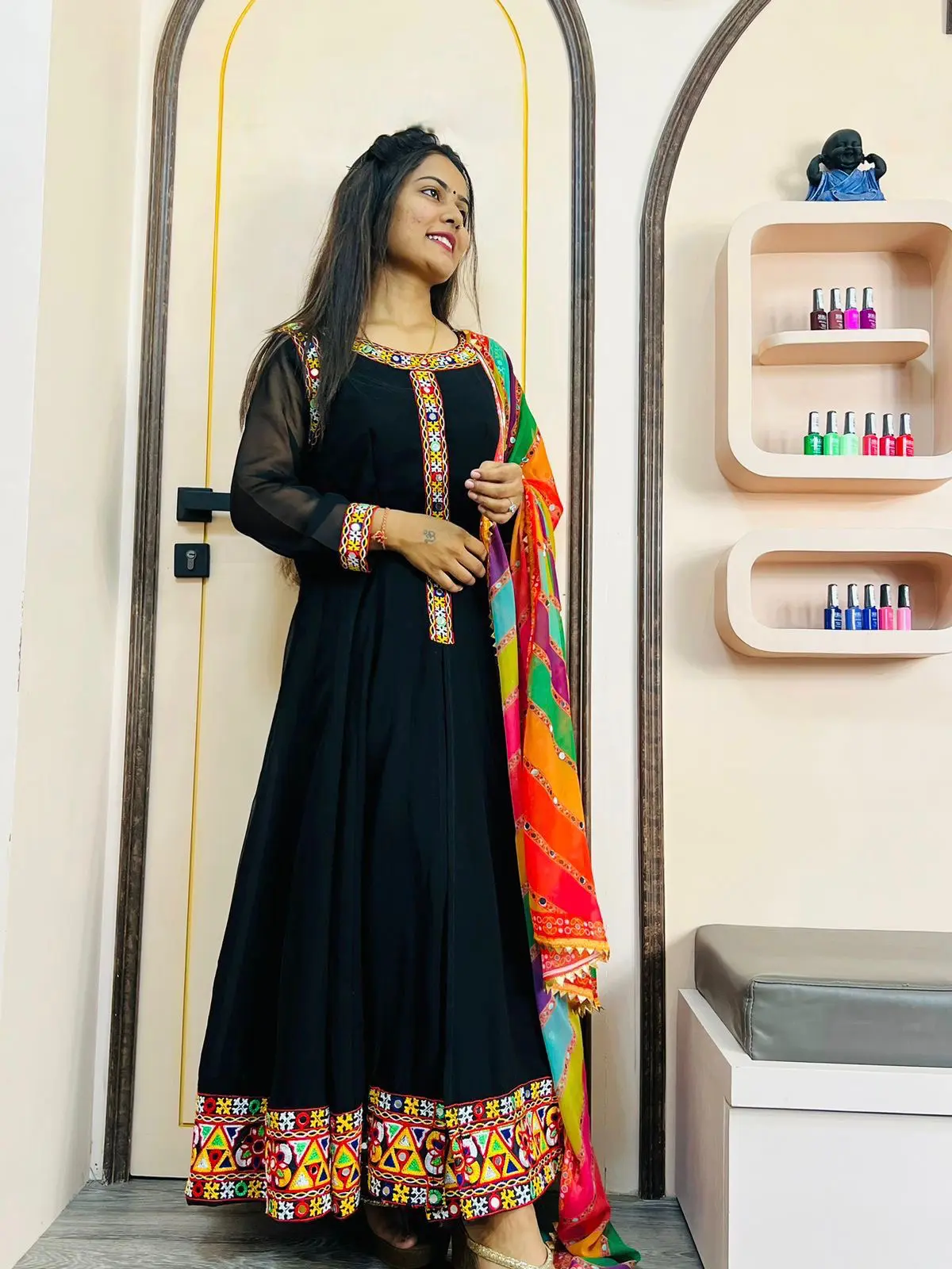 Midnight Elegance Multicolor Embroidered Anarkali Suit with Rainbow Dupatta