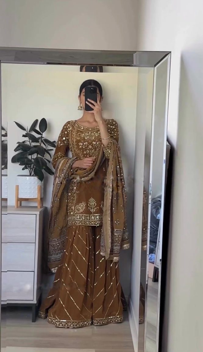 Golden Mocha Embroidered Palazzo Suit