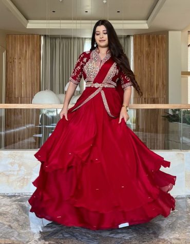 Scarlet Sensation Premium Silk Ruffle Saree With Embroidered Blouse And Belt