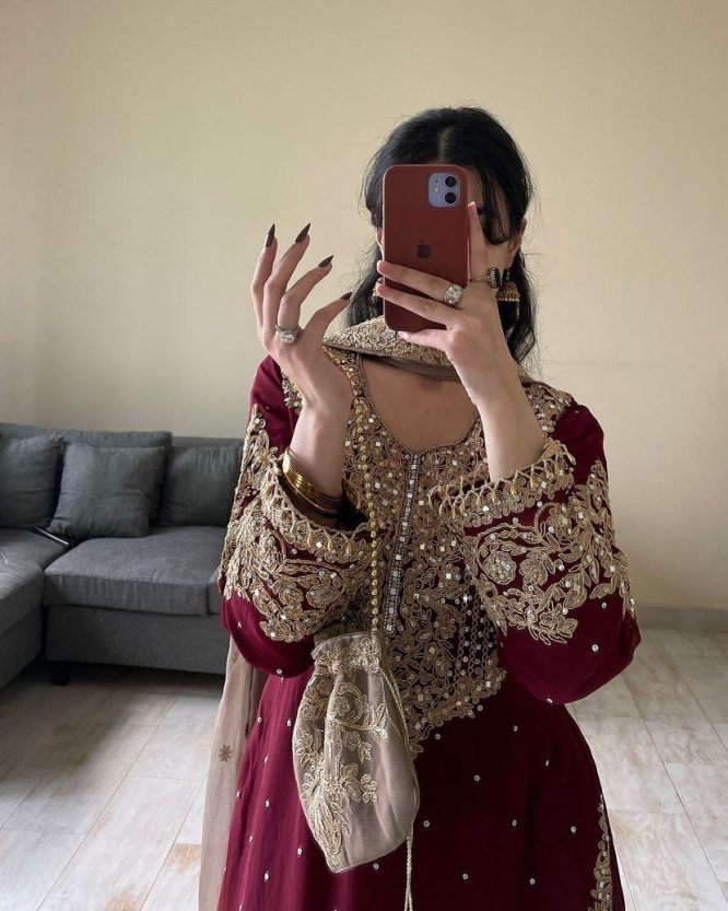 Wine Georgette Embroidered Kurti Sharara Set With Heavy Dupatta