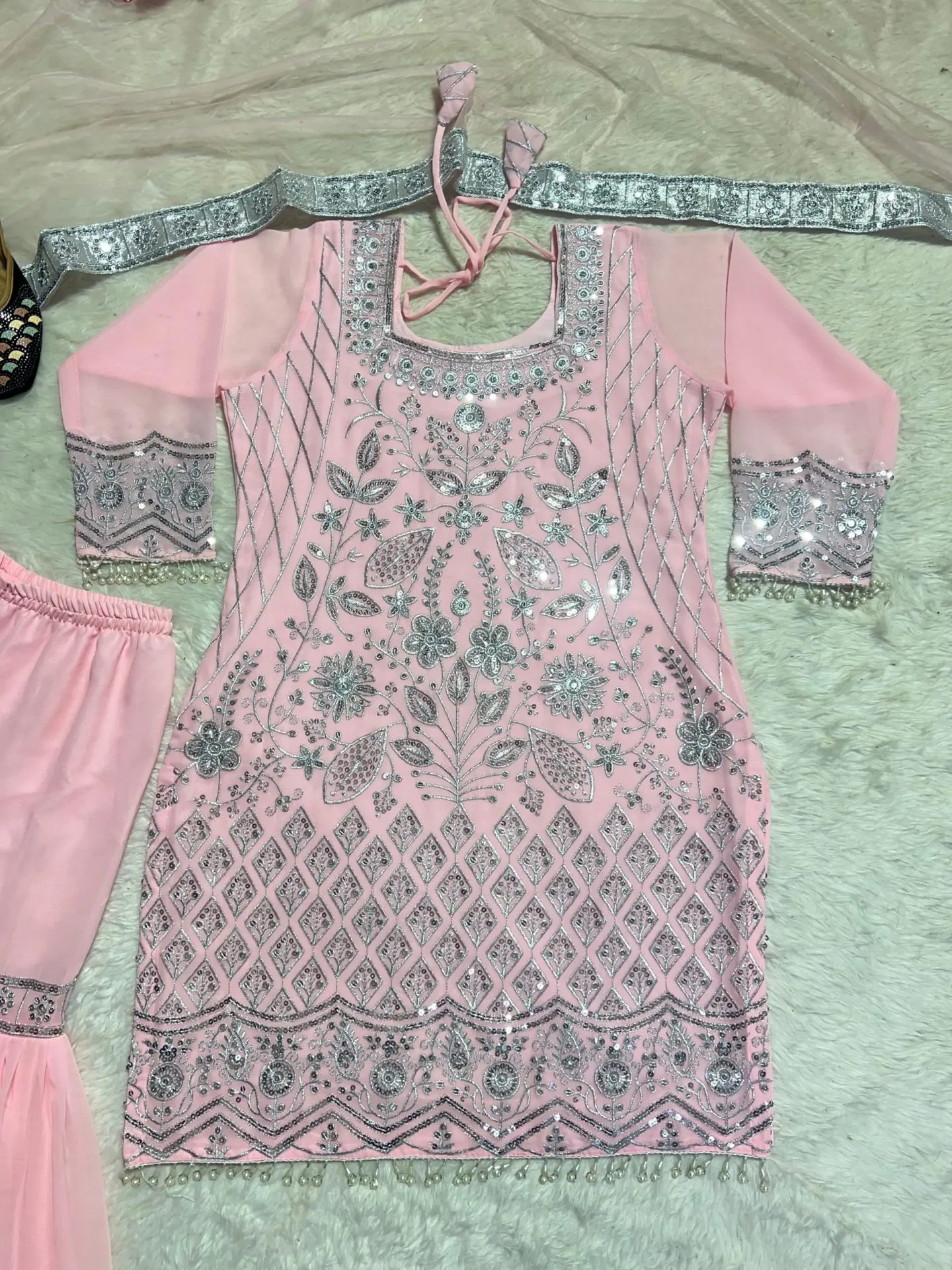 Blush Pink Pearl Embellished Sharara Set