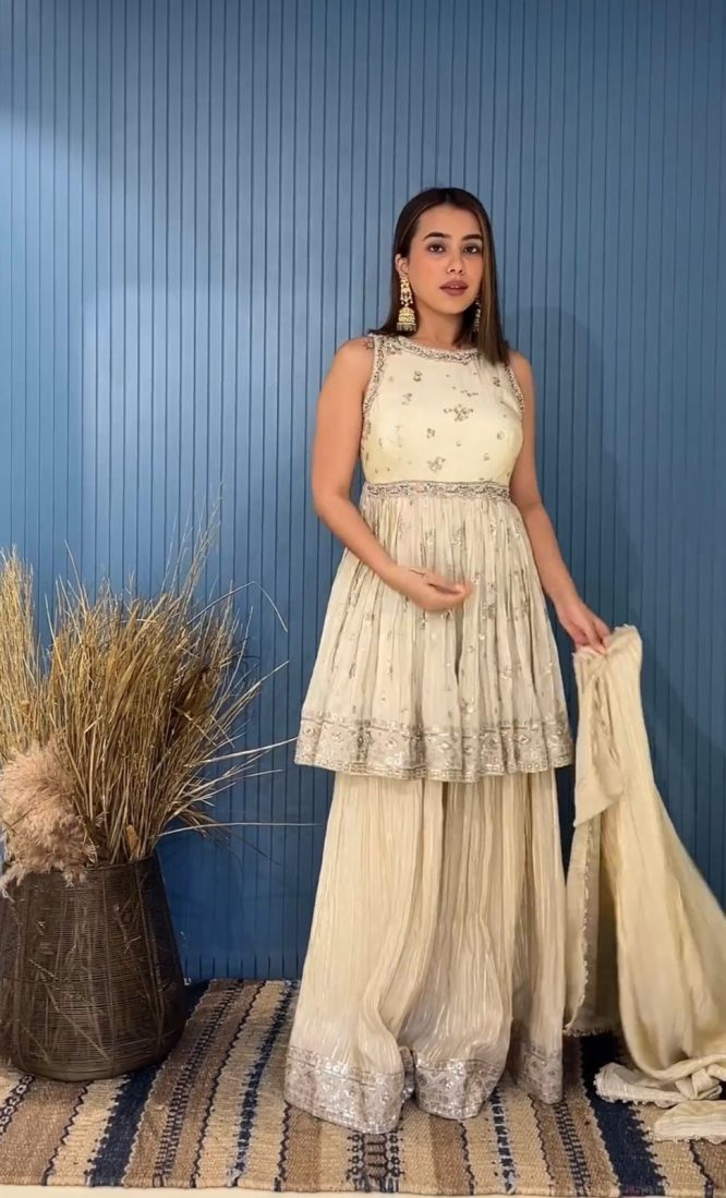 Ivory Peplum Top and Sharara Set with Zardosi Accents