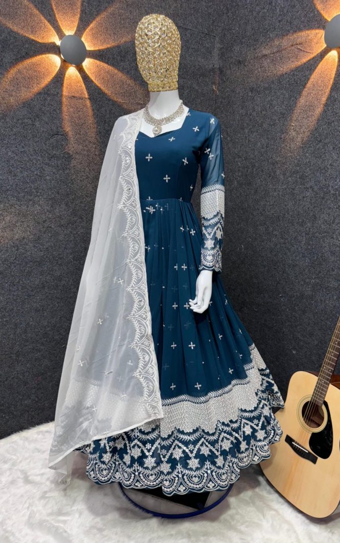 Navy Blue Embroidered Anarkali with White Dupatta