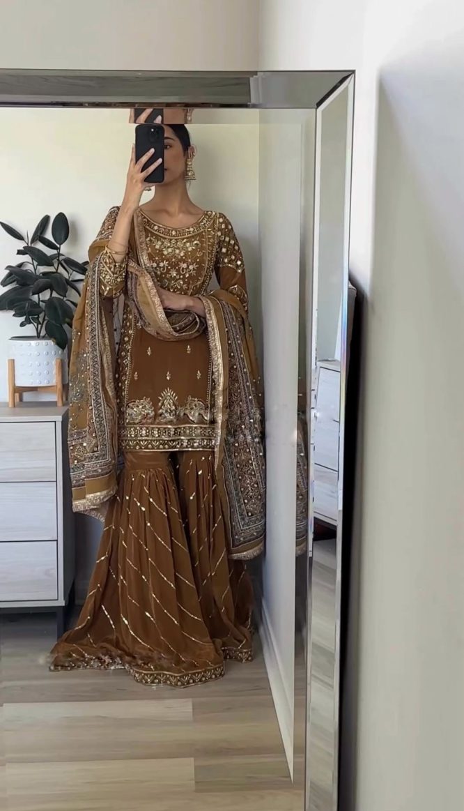 Golden Mocha Embroidered Palazzo Suit