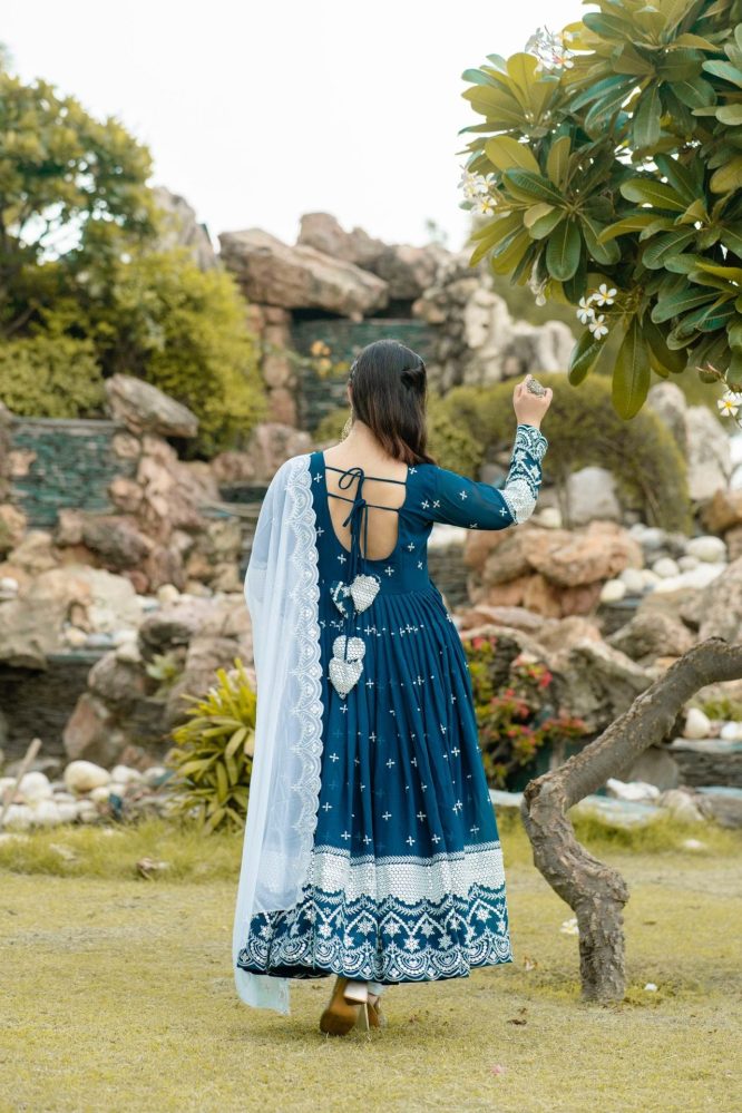 Navy Blue Embroidered Anarkali with White Dupatta
