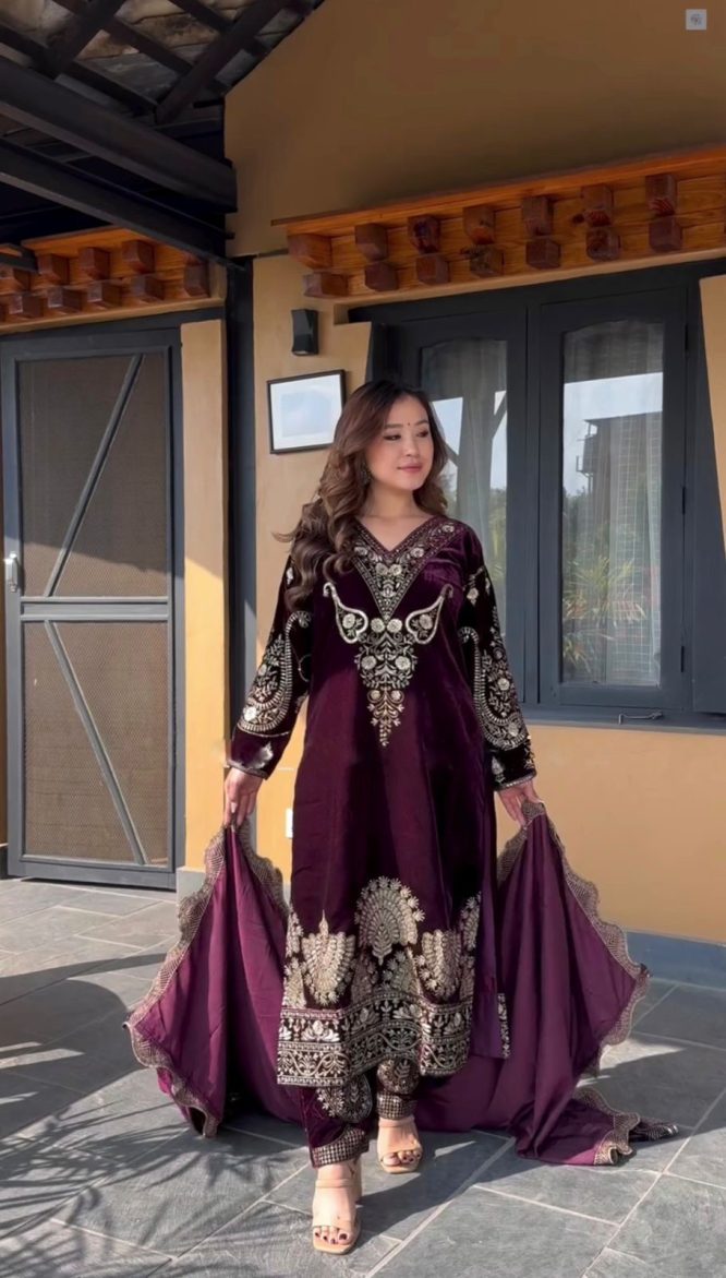 Imperial Maroon Velvet Ensemble with Exquisite Gold Embroidery