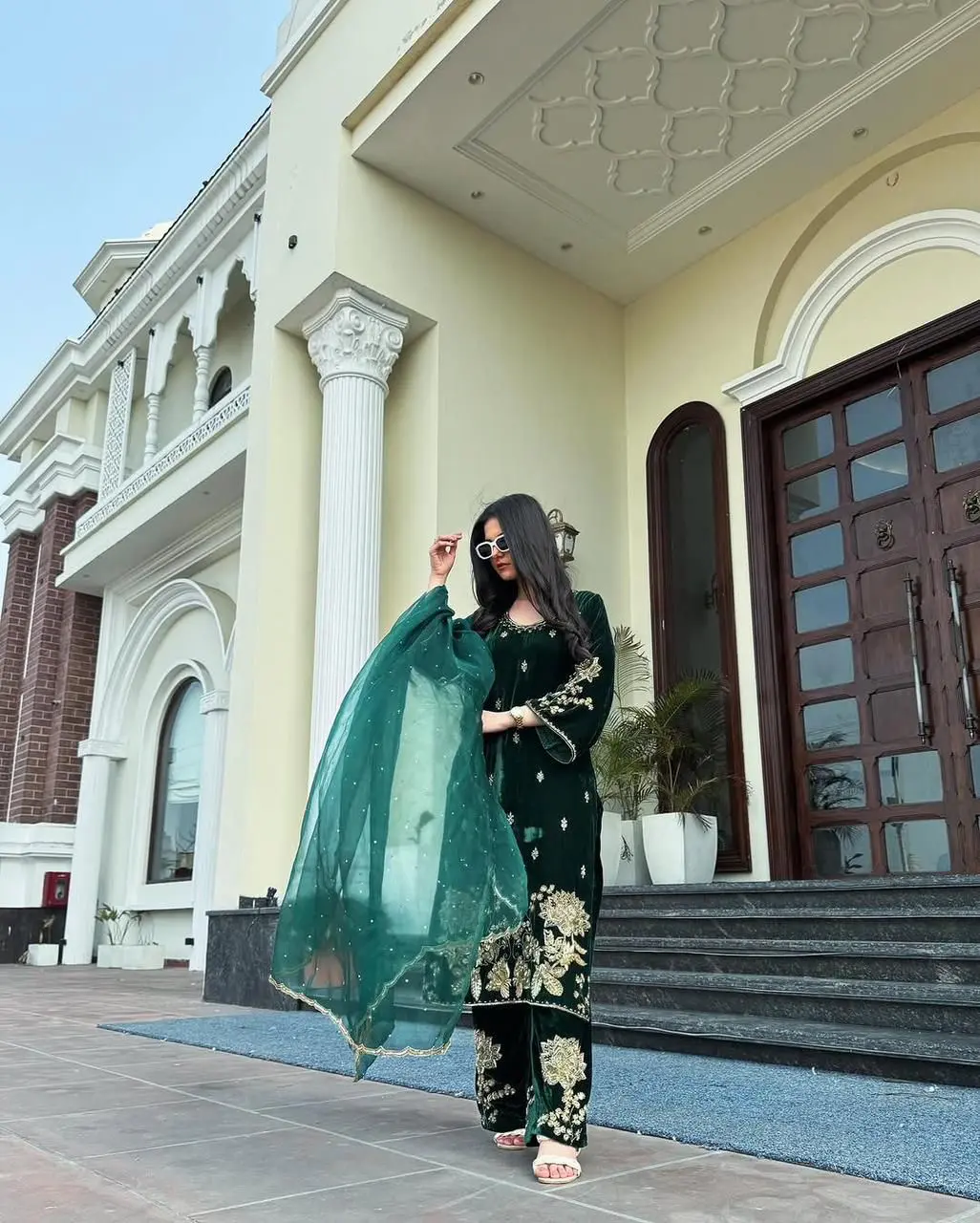 Emerald Gold Velvet Suit Set