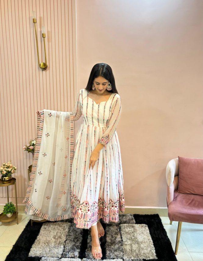 Elegant Ivory Embroidered Anarkali Suit with Floral Motifs