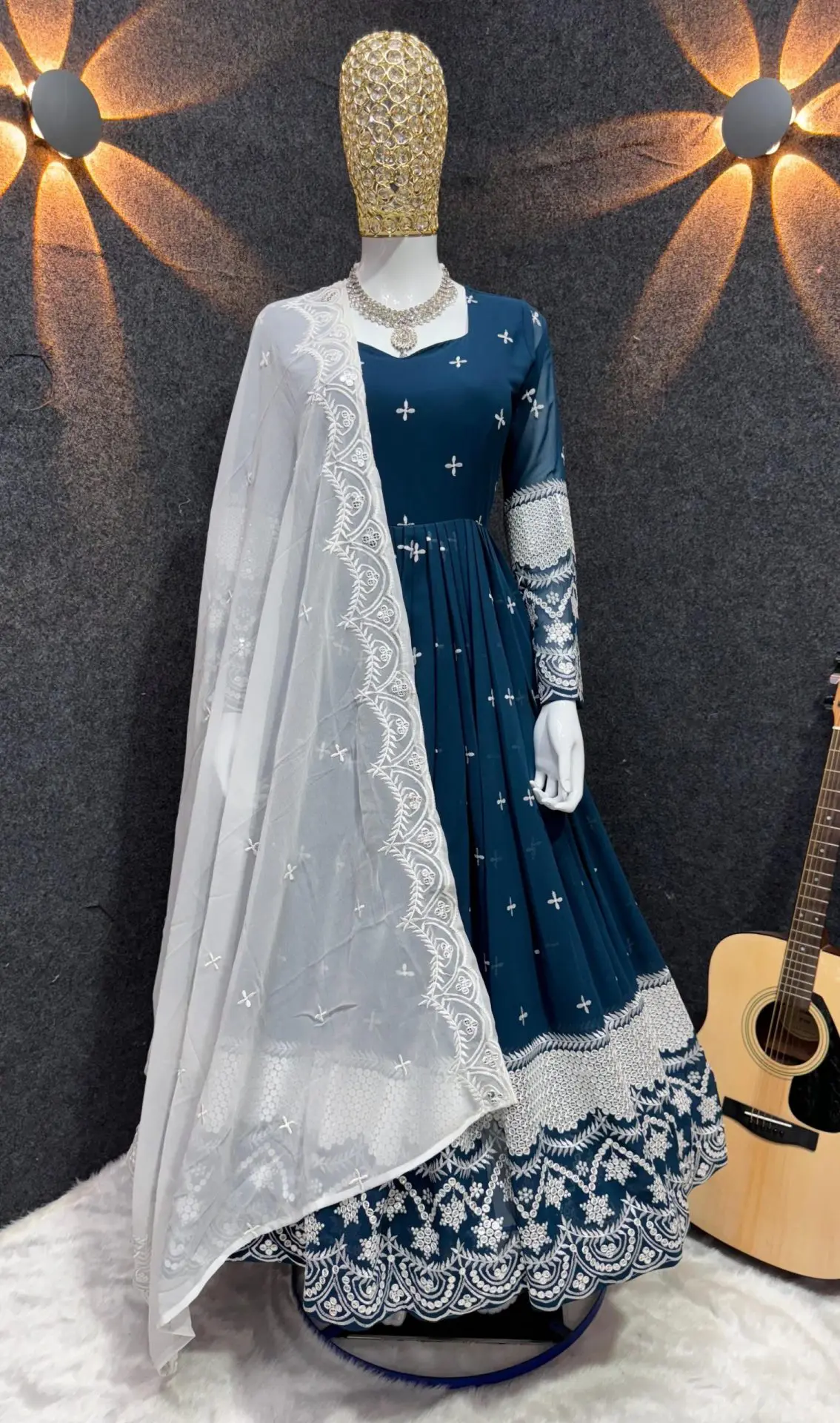 Navy Blue Embroidered Anarkali with White Dupatta