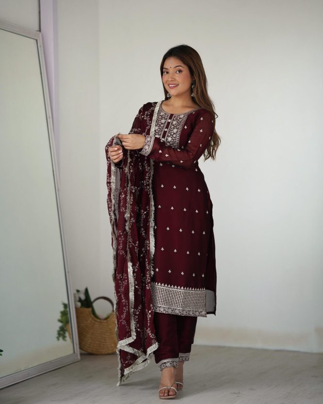 Deep Wine Luxe Embellished Suit Set