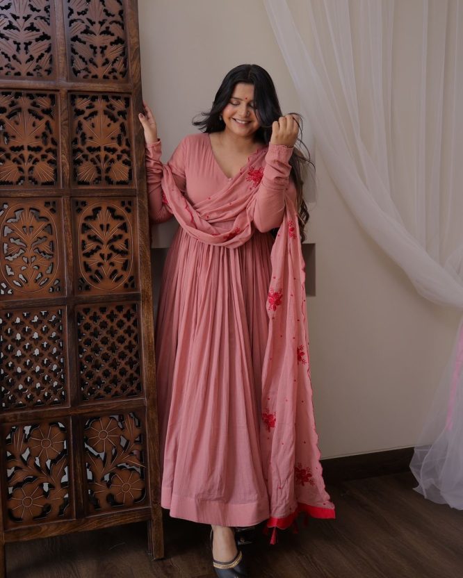 Blush Rose Anarkali Set with Embroidered Dupatta