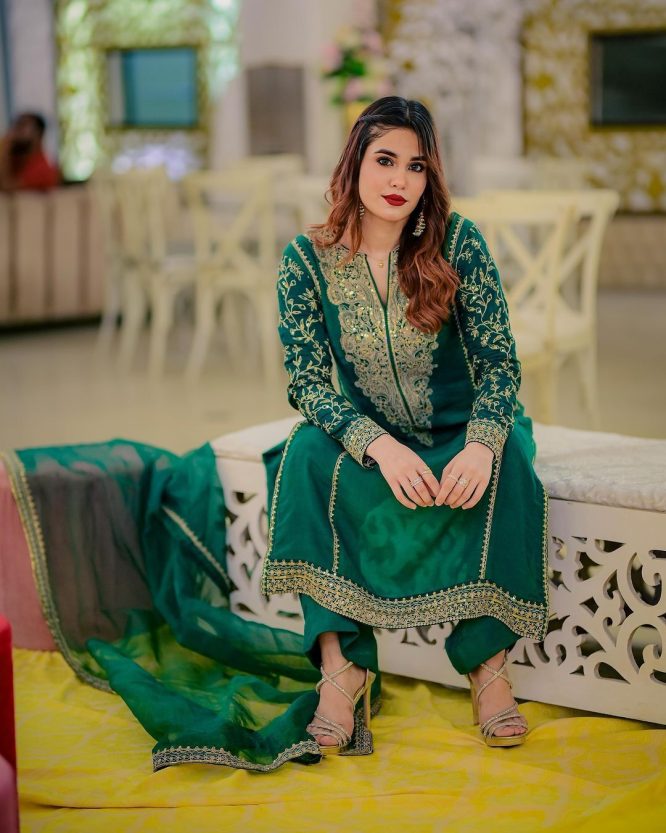 Green Embroidered Zari Sequence Suit