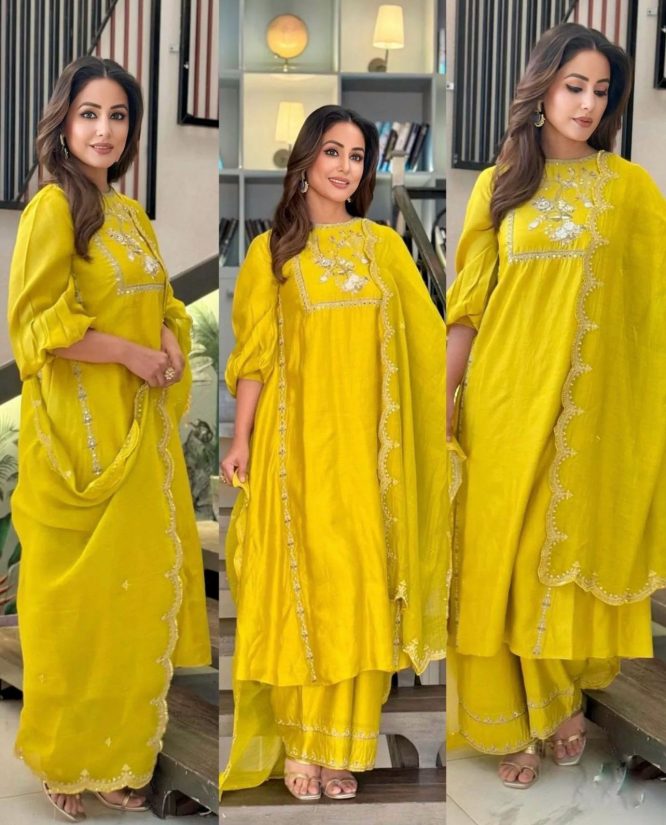 Sophisticated Yellow Silk Kurti with Palazzo, Featuring Exquisite Embroidery and Sequins