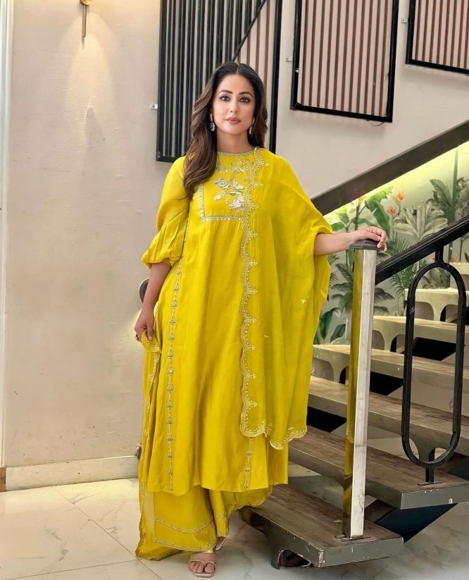 Sophisticated Yellow Silk Kurti with Palazzo, Featuring Exquisite Embroidery and Sequins