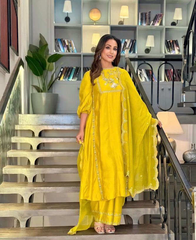 Sophisticated Yellow Silk Kurti with Palazzo, Featuring Exquisite Embroidery and Sequins