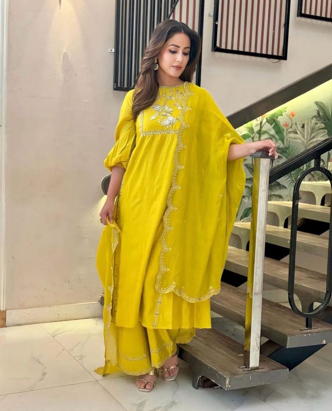 Sophisticated Yellow Silk Kurti with Palazzo, Featuring Exquisite Embroidery and Sequins
