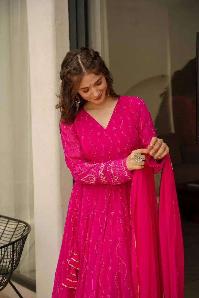 Pink Faux Georgette Sequence and Thread Embroidered Anarkali