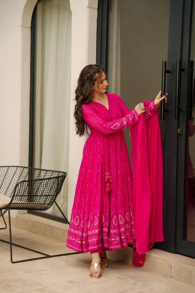 Pink Faux Georgette Sequence and Thread Embroidered Anarkali