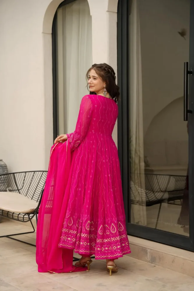 Pink Faux Georgette Sequence and Thread Embroidered Anarkali