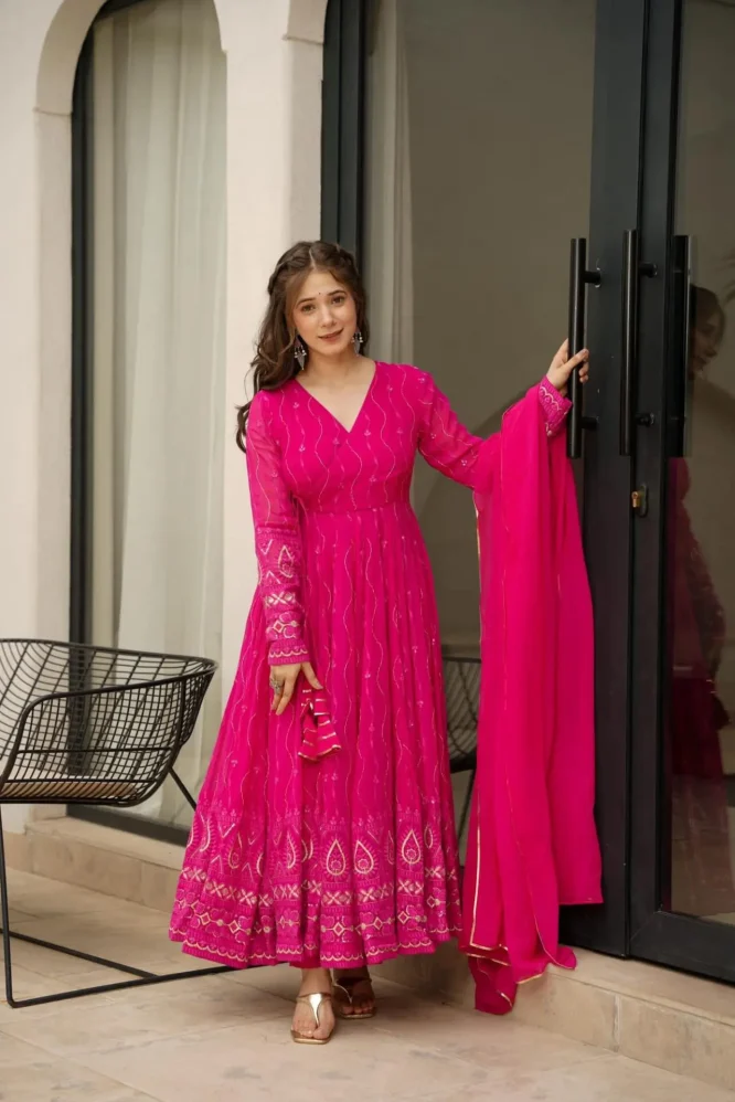 Pink Faux Georgette Sequence and Thread Embroidered Anarkali