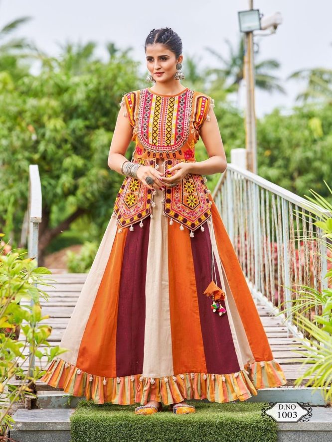 Luxurious Off White Dhingli Motif Embroidered Panel Top Paired With Wine Trendy Printed Skirt