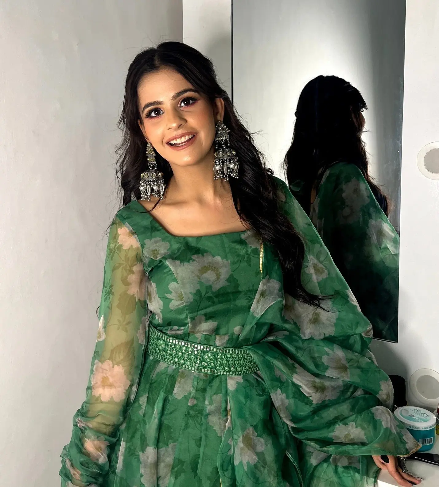 Mystic Green Organza Anarkali with Embroidery Belt