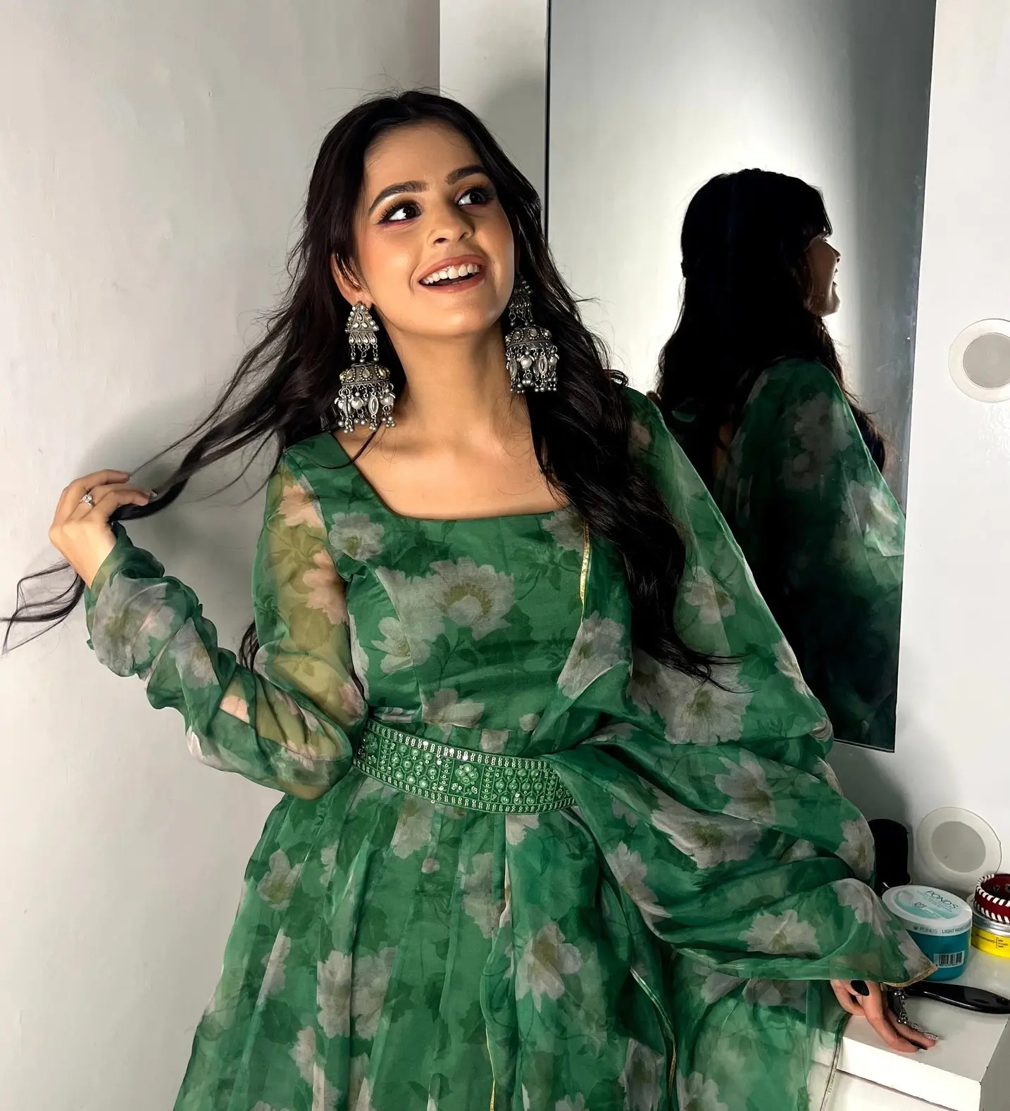 Mystic Green Organza Anarkali with Embroidery Belt