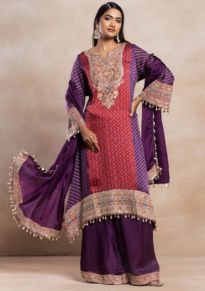 Red And Purple Bandhani Print Kurta Set With Palazzo And Dupatta