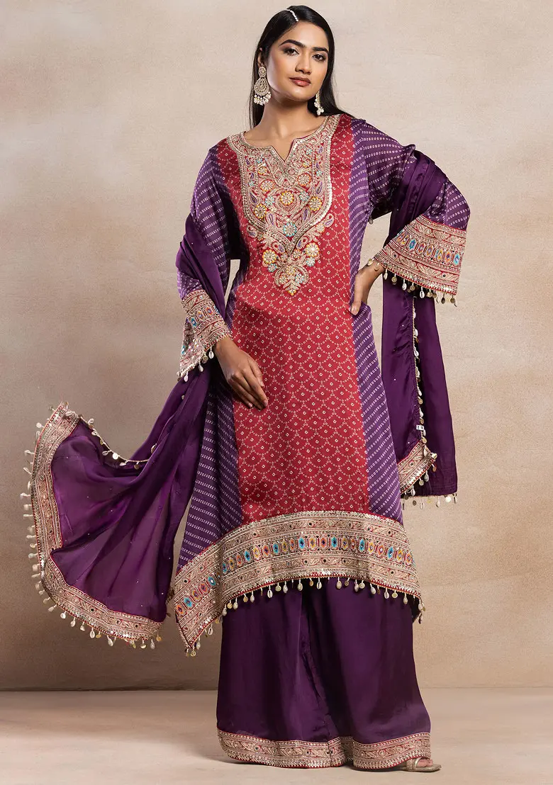 Red And Purple Bandhani Print Kurta Set With Palazzo And Dupatta