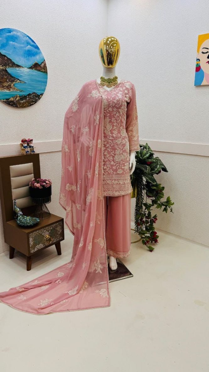 Intricate Sequence Work Peach Faux Georgette Suit