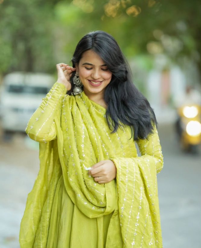 Hand-Embroidered Parrot Green Gown