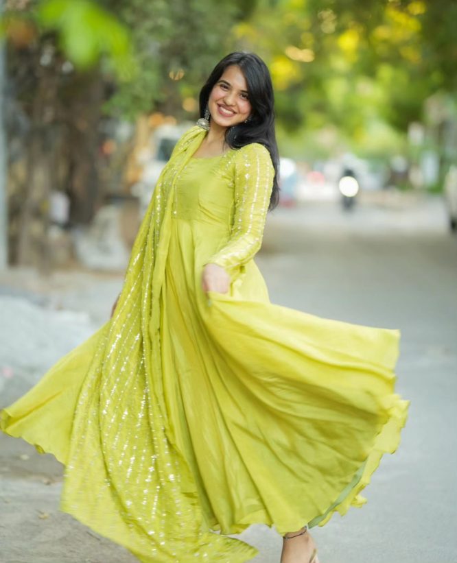 Hand-Embroidered Parrot Green Gown