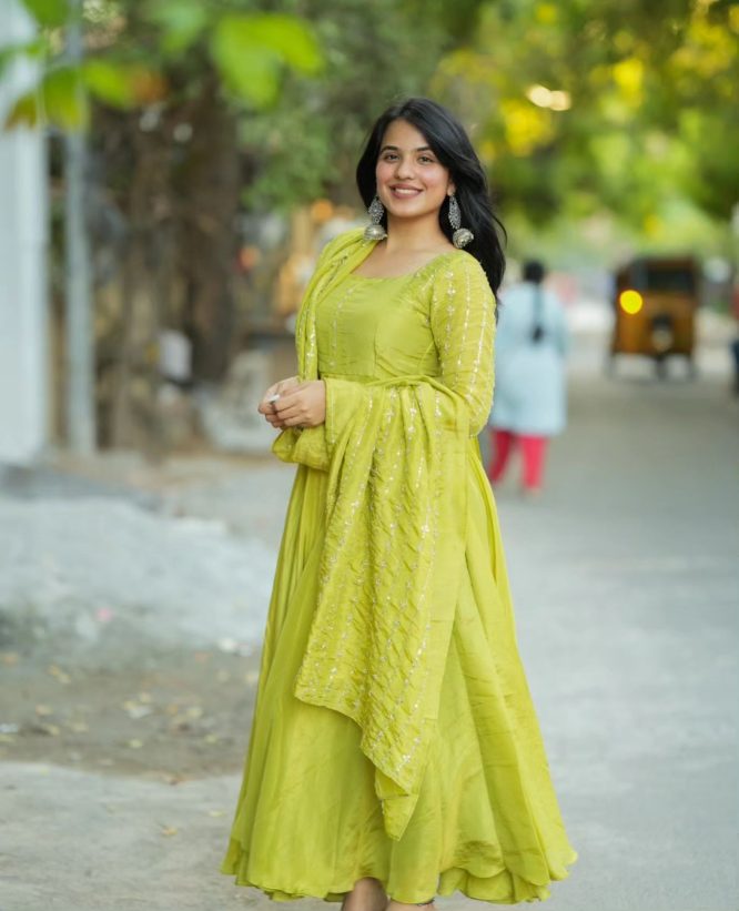 Hand-Embroidered Parrot Green Gown