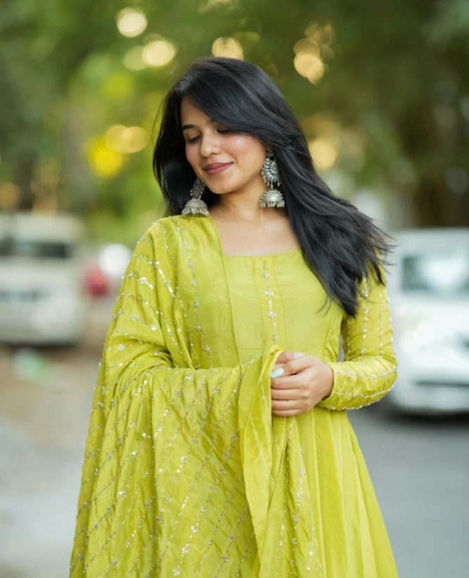 Hand-Embroidered Parrot Green Gown