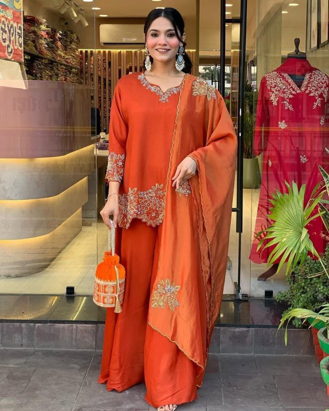 Elegant Orange Festive Suit with Dupatta