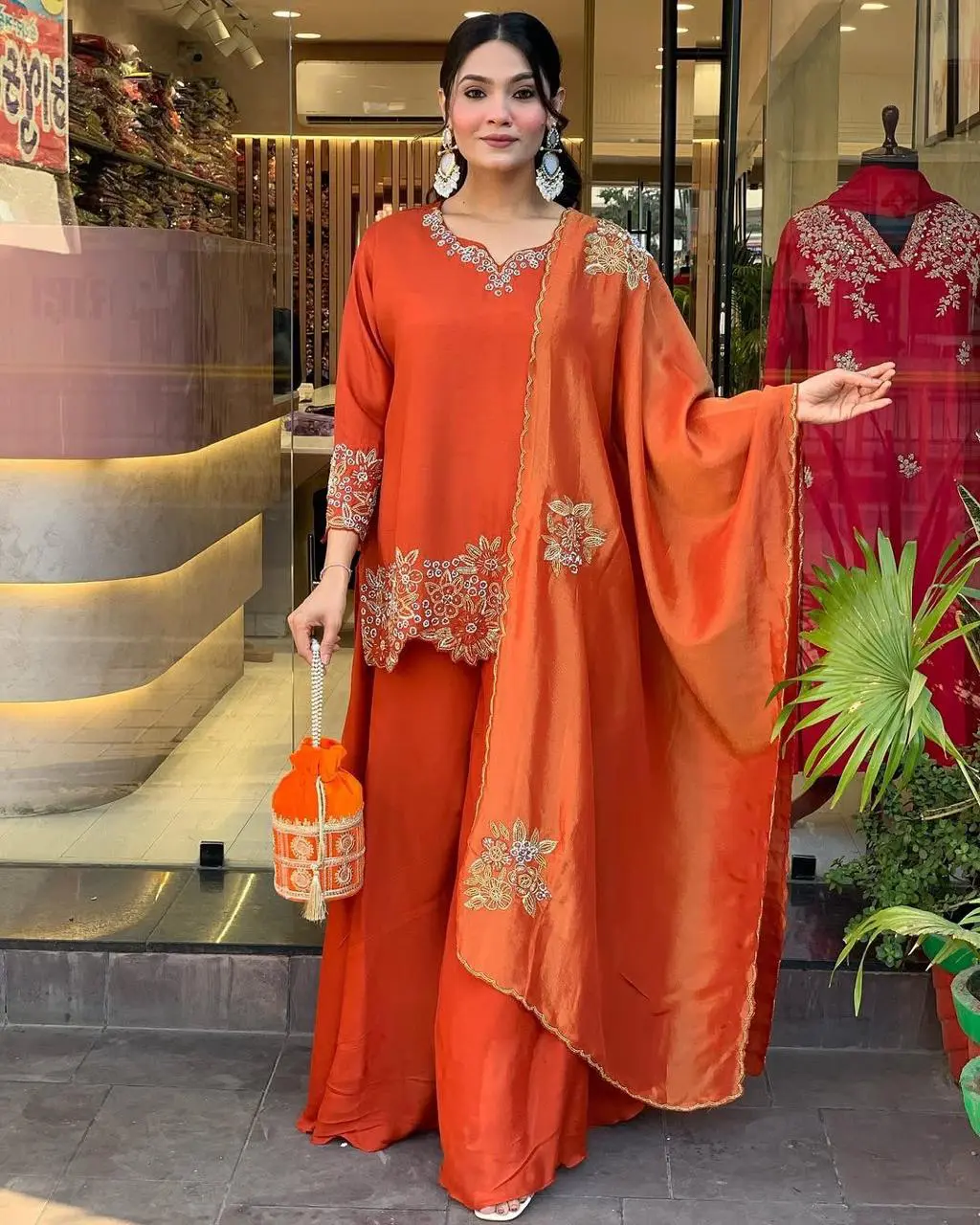 Elegant Orange Festive Suit with Dupatta