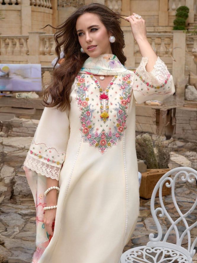 Ivory Blossom Embroidered Kurta Set with Floral Dupatta