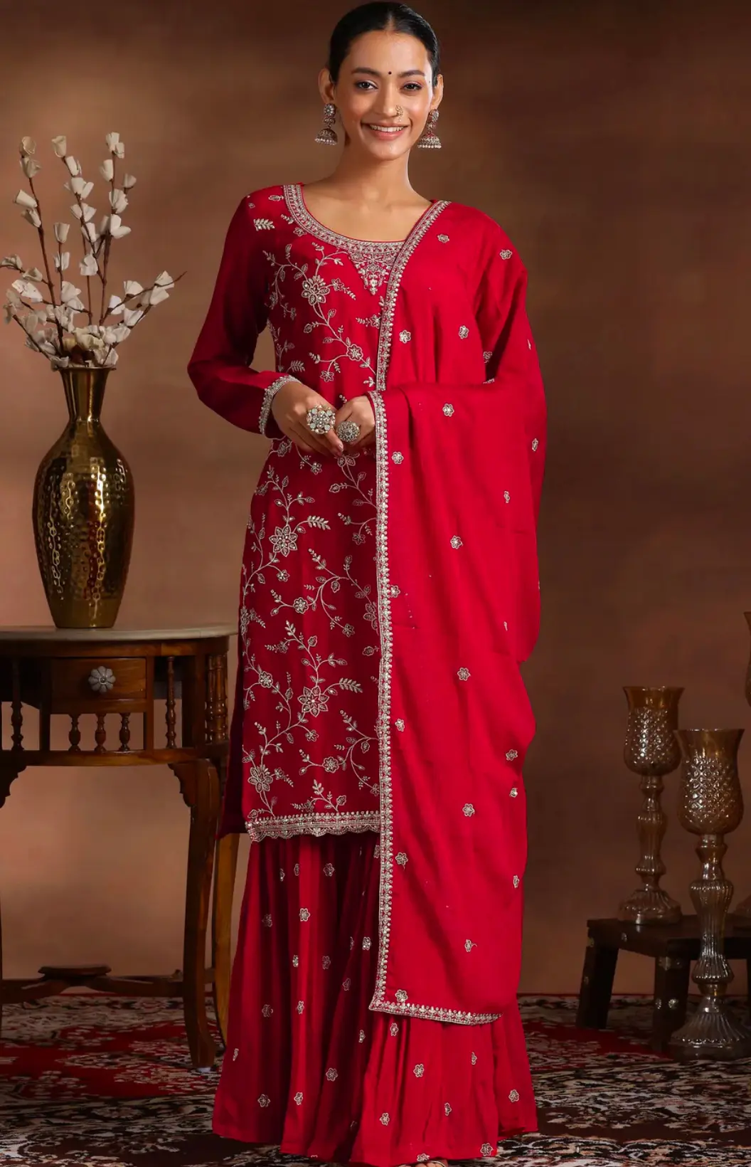 Royal Red Embroidered Silk Sharara Set