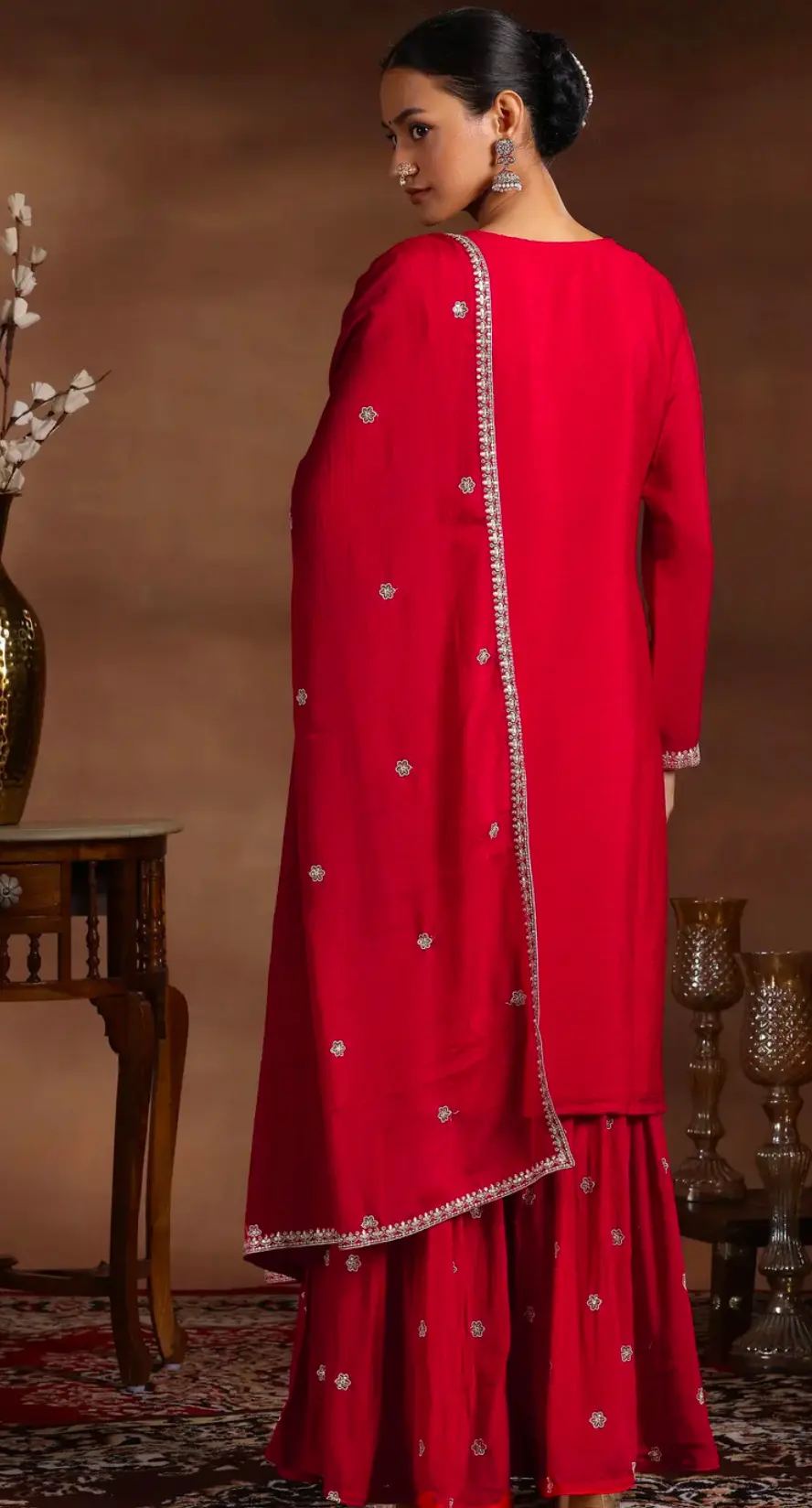 Royal Red Embroidered Silk Sharara Set