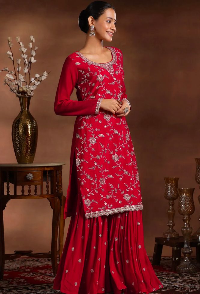 Royal Red Embroidered Silk Sharara Set