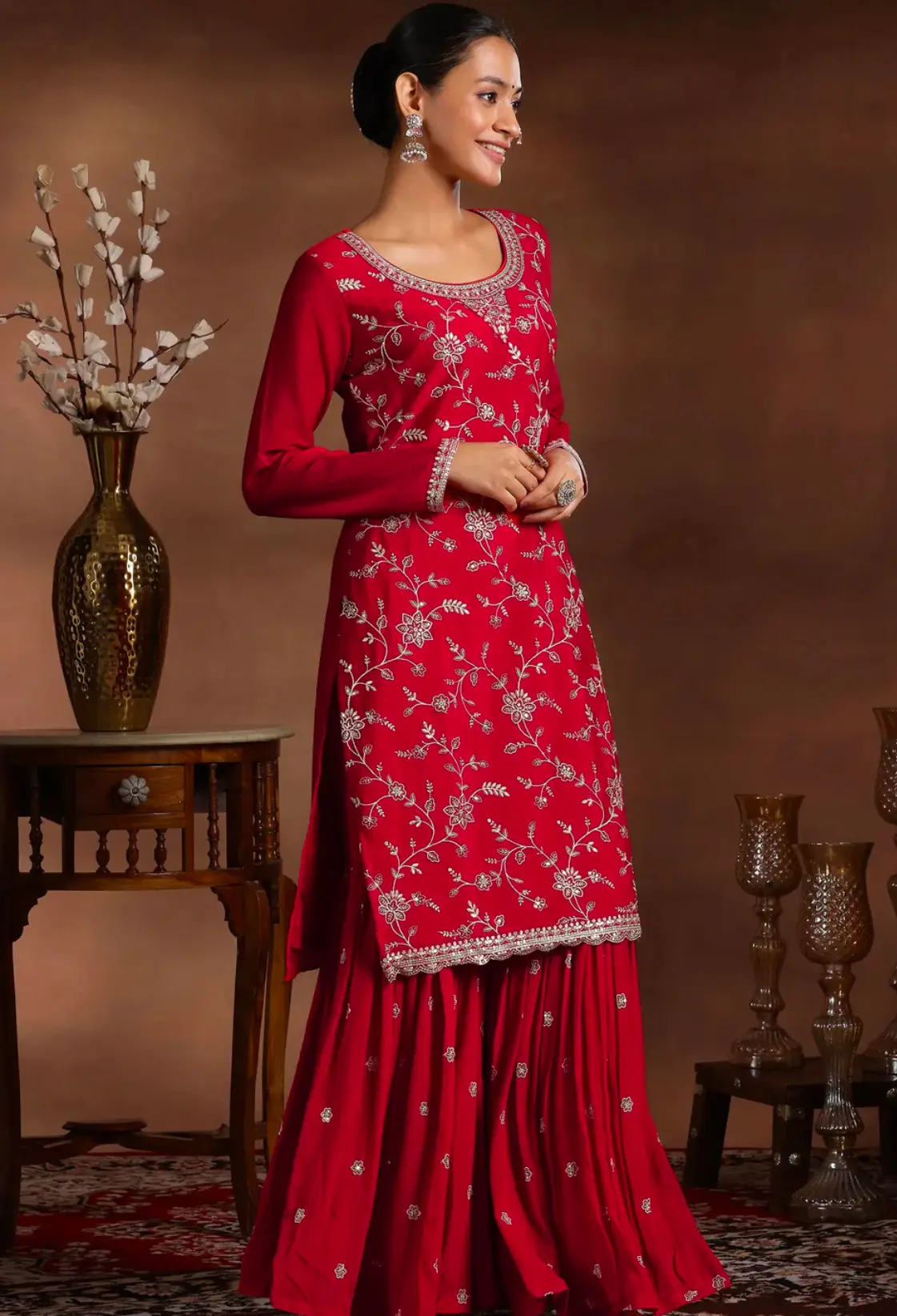 Royal Red Embroidered Silk Sharara Set