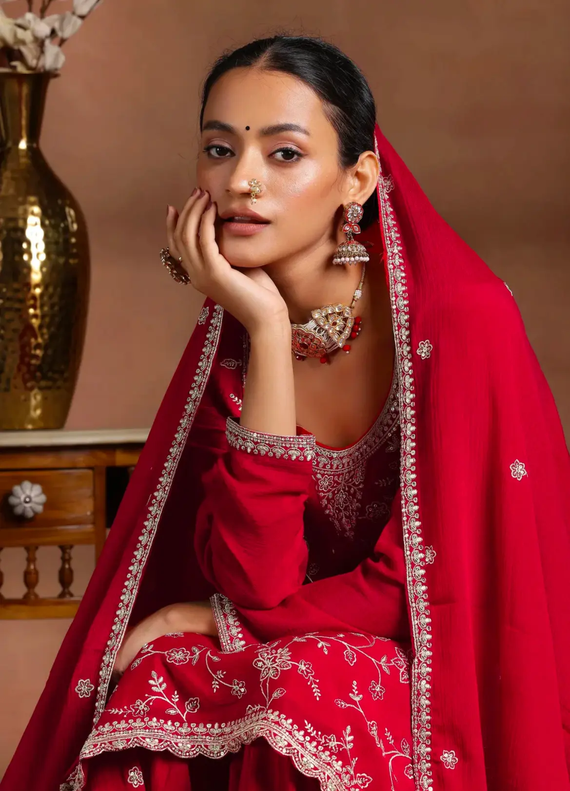 Royal Red Embroidered Silk Sharara Set