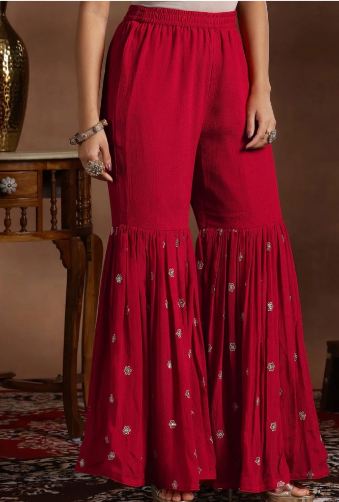 Royal Red Embroidered Silk Sharara Set